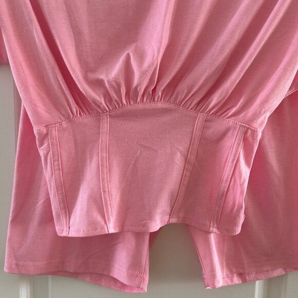 Pink Two-Piece Lounge Set With Elastic Waist Shorts & Ruched Top - Picture 6 of 7